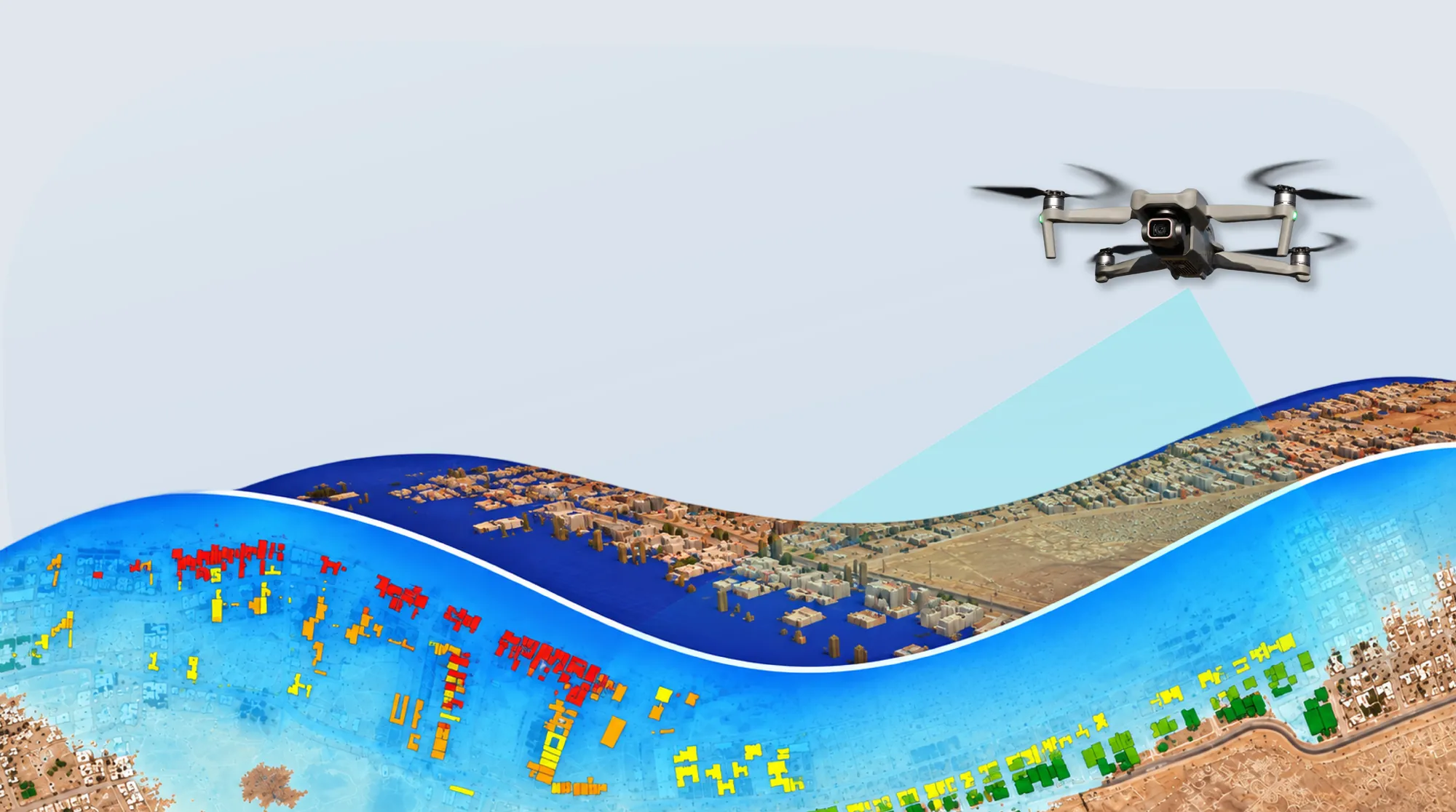 Dron sobrevolando un modelo de inundación por tsunami sobre una zona costera